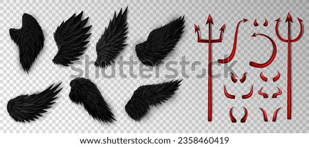 Big set of 3d realistic devil costume elements - red bloody trident, glossy horns, daemon tail and various three dimension devil black wings on transparent background