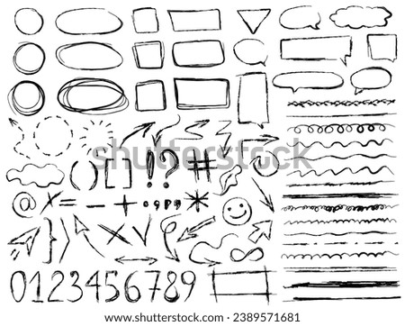 Collection of vector linear sketchy elements - frames, ovals, squares, arrows, check marks, crosses, scribbles, underlines, chat bubbles, emphasis, numbers, etc. Doodle brush or pencil felt-tip object