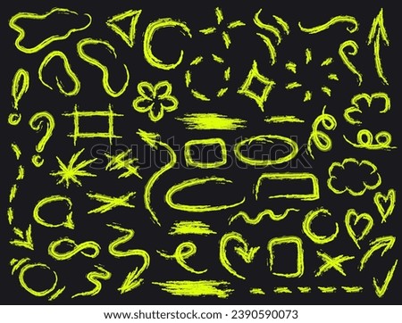 Set of vector linear sketchy doodle yellow highlighters - frames, ovals, squares, arrows, check marks, crosses, scribbles, underlines, chat bubbles, emphasis, numbers, etc