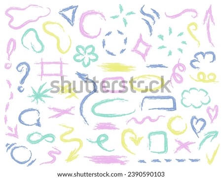 Collection of cute pastel linear sketchy frames, ovals, squares, arrows, check marks, crosses, underlines, chat bubbles, emphasis, numbers, etc. Colorful doodle brush or pencil childish scribbles