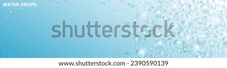 Template of blue panoramic banner with realistic  pure water drops frame and space for text. Header with 3d shiny dew, water blobs. Blank billboard with rain droplets or aqua splashes overlay