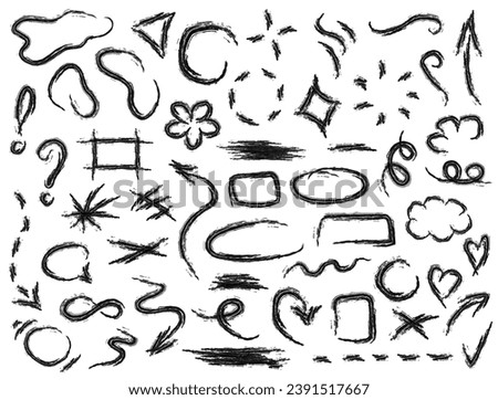 Set of vector linear sketchy elements - frames, ovals, squares, arrows, check marks, crosses, scribbles, underlines, chat bubbles, emphasis, numbers, etc. Doodle brush or pencil textured objects