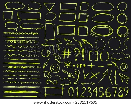 Collection of linear sketchy highlighters - frames, ovals, squares, arrows, check marks, crosses, scribbles, underlines, chat bubbles, emphasis, numbers, etc. Doodle yellow brush or marker objects