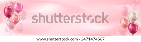 Panoramic banner with 3d pink realistic balloons and confetti on blurred background with blank space for greeting text. Header for birthday, celebration party, sale, opening, wedding, holiday, ad