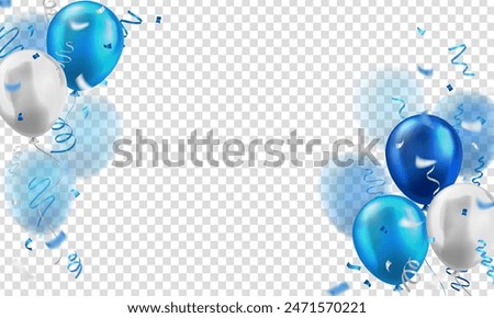 Blue wallpaper with lots of 3d realistic glossy balloons and confetti on transparent background with blank space for greeting text. Banner for birthday, celebration party, sale, opening event, holiday