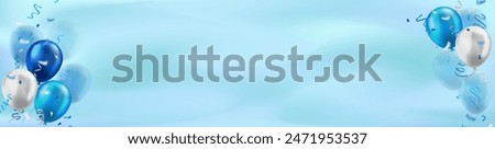 Panoramic banner with lots of 3d blue realistic balloons and confetti on blurred background with blank space for greeting text. Header for birthday, celebration party, sale, opening event, holiday, ad