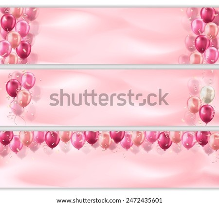 Set of headers with 3d realistic pink glossy balloons and confetti decoration with blank space for greeting text. Panoramic banners design for birthday celebration party, sale, ads, wedding invitation