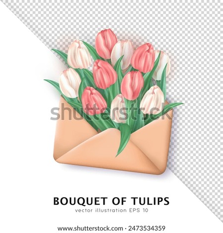 Paper envelope filled with bunch of cute 3d realistic white and pink tulips. Three dimensional bouquet of spring blossom flowers and opened letter isolated on transparent background. Floral newsletter