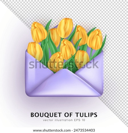  3d glossy purple envelope filled with bunch of cute realistic yellow tulips. Three dimensional bouquet of spring blossom flowers and opened letter isolated on transparent background
