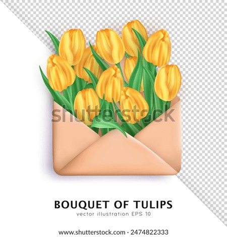 Paper envelope filled with bunch of cute 3d realistic yellow tulips. Three dimensional bouquet of spring blossom flowers and opened letter isolated on transparent background. Floral newsletter design