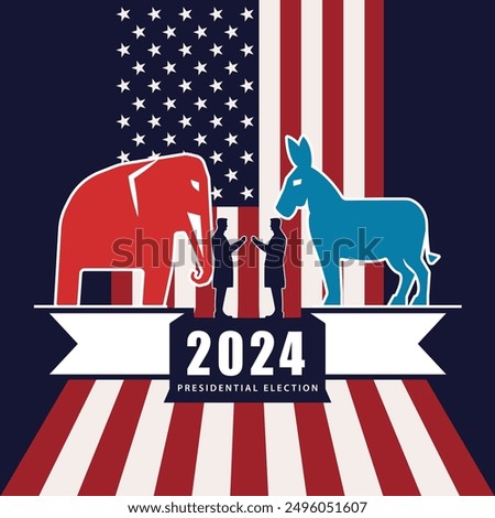 Poster for 2024 U.S. Presidential Election with American flag, a red elephant - Republican, and a blue donkey - Democrat. Two silhouettes in the center represent the political debate between parties