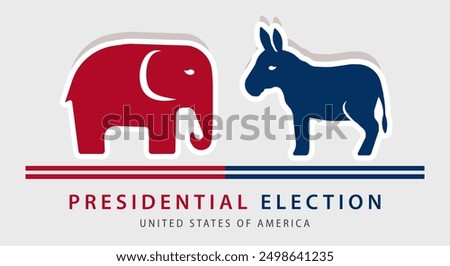 Banner with a red elephant and a blue donkey, symbols of the Republican and Democratic parties above the words 