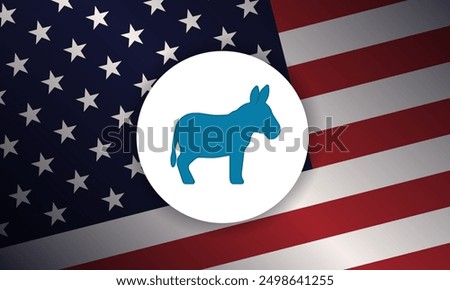 Banner with blue donkey silhouette, representing the Democratic Party, against backdrop of the American flag. This design emphasizes the party's role and influence in the U.S. political landscape