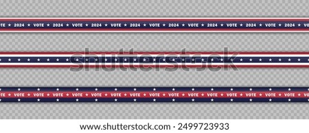 Set of vector elements for the 2024 USA Presidential Election with various horizontal ribbons, stripes and tapes in red, white, and blue colors of American flag with stars on transparent background