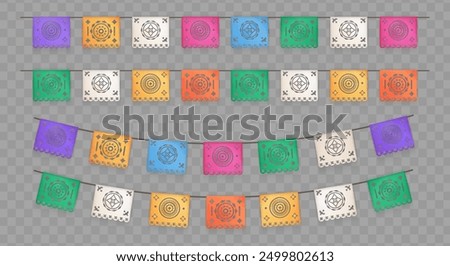 3d realistic papel picado, a traditional Mexican decorative craft made of paper cut into intricate designs. Buntings, garlands for celebrations and festivities isolated on transparent background