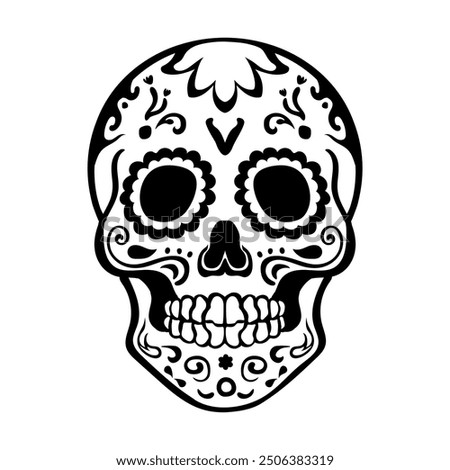 Linear hand drawn decorated Calavera with intricate designs symbolizing the Day of the Dead's celebration of life and remembrance. Dia de los Muertos sugar skull, calaca outline art as tattoo, logo