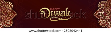 Vibrant Diwali panoramic banner or invitation header with detailed linear gold and purple mandala or Indian Rangoli as frame and text 