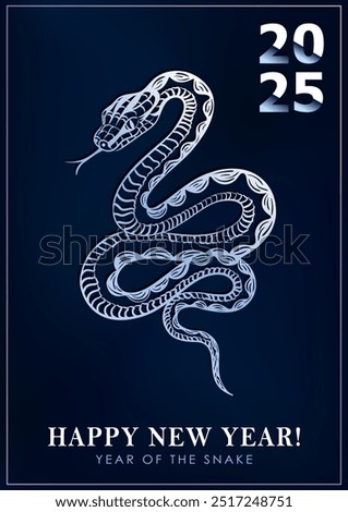 Template of blue and silver poster celebrating the 2025 New Year of the Snake with a snake with decorated scaled skin. Greeting card with reptile mascot in Asian style for Christmas holidays