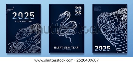 Set of greeting cards with linear hand drawn silver Asian Snake as a symbol of 2025 New Year. Snake as Chinese horoscope sign on dark blue background. Minimalist A4 posters for Christmas holidays