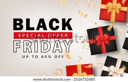 Banner with black, white and red 3d gift boxes and golden confetti (party streamers) with text SALE, Black Friday, Up to 80% off. Shopping poster, card with present wrap packages and ribbon serpentine