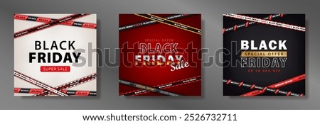  Set o f 3 shopping banners with crossed discount ribbons and text - Black Friday Special offer. Social media posts template, advertisement design with barricade tapes, stripes - Big Sale, hot deal