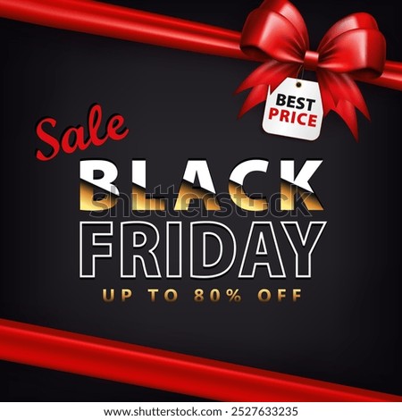 Banner with 3d bright red gift bow and hanging on a string price tag with text SALE, Black Friday, Up to 80% off. Shopping poster, ad card as a present wrap package with silk ribbon and discount label