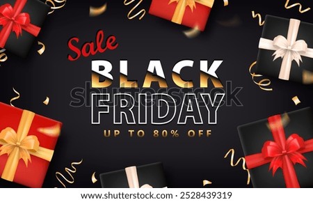 Banner with black, white and red 3d gift boxes and golden confetti (party streamers) with text SALE, Black Friday, Up to 80% off. Shopping poster, card with present wrap packages and ribbon serpentine