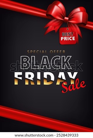 Banner with 3d bright red gift bow and hanging on a string price tag with text SALE, Black Friday, Up to 80% off. Shopping poster, ad card as a present wrap package with silk ribbon and discount label