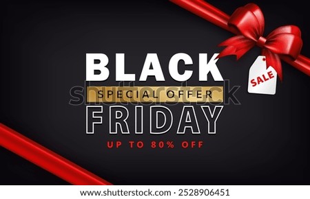 Banner with 3d bright red gift bow and hanging on a string price tag with text SALE, Black Friday, Up to 80% off. Shopping poster, ad card as a present wrap package with silk ribbon and discount label