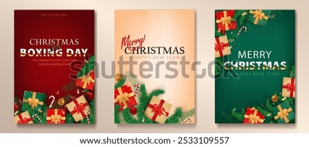 Set of Xmas greeting cards with 3d realistic wrapped gifts, golden confetti, candy canes and pine branches on beige, red, green background. Holiday vertical banners. Merry Christmas and Happy New Year