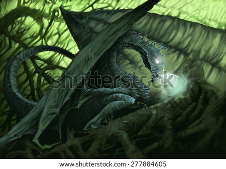 A dragon in a forest is protecting a egg