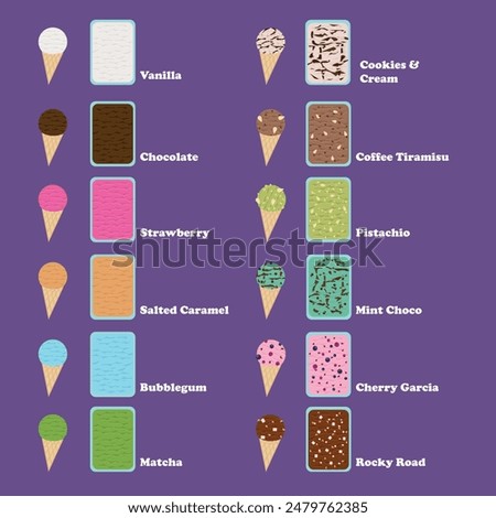 Illustration vector graphic design of twelve ice cream flavour in cone and container. Can be used for restaurant logo, ice cream parlor menu, decoration, etc.