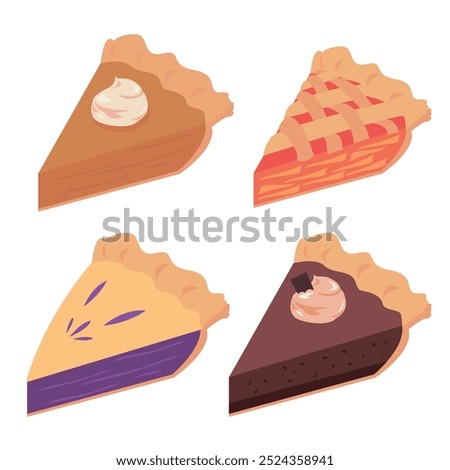 Illustration vector graphic design of Pies from Pumpkin pie, Apple pie, Berries Pie, Chocolate Pie. Can be used for a bakery menu, pastry icon, Pattesirie logo or decoration, sticker, etc.