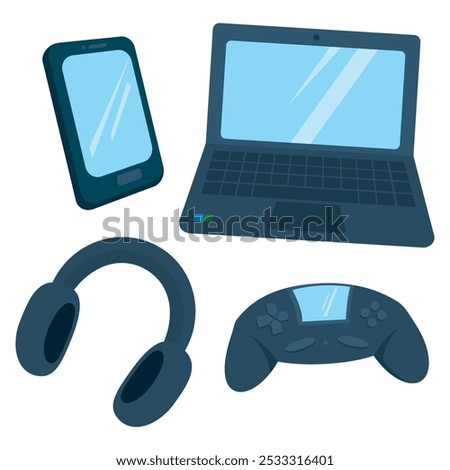 Illustration vector graphic design of Electrical Devices, like phone, laptop, Headphones, PS Stick . Can be used for electric graphic, Communication icon, cute sticker, etc.