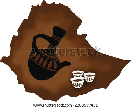 Ethiopian traditional coffee pot (Jebena) and coffee cups inside ethiopian map