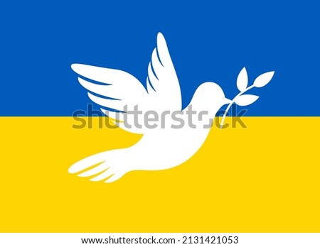 Dove of peace on the background of the Ukrainian flag. Ukraine and Russia military conflict. Stop world war. Symbol of peace and freedom on the background of the Ukrainian flag