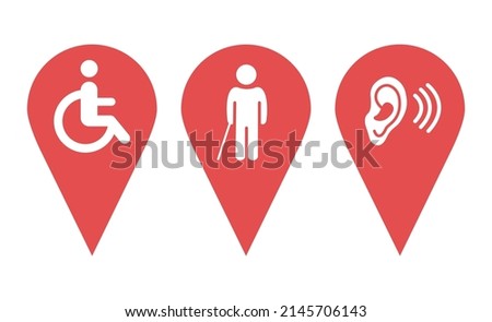Location pin icons. Map pin place marker. Location icon. Map marker pointer icon set. GPS location symbol collection. Location icons indicating parking people with disabilities