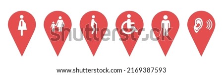 Location pin icons. Map pin place marker. Location icons indicating places for people with disabilities, pregnant women, the elderly. Vector illustration in flat style