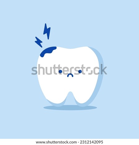 Sad tooth with caries. Toothache. Cute tooth character. Dental personage vector illustration. Dental concept for your design. Illustration for children dentistry. Oral hygiene, teeth cleaning. Sticker Stock foto © 