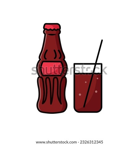 Cola soda drink picture sticker. Vector drawing of a soda cup and bottle in flat cartoon style. Glass of soda with ice cubes and bubbles. Illustration for design fast food menu. Lemonade isolated icon