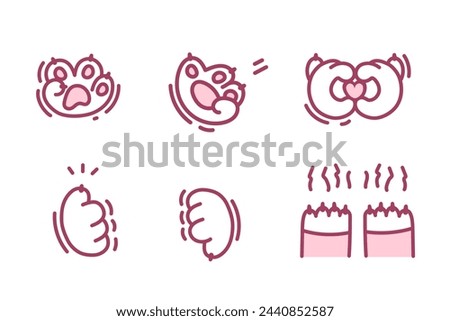 Cat paws. Set of Various Gestures of Cats Paws. Gesture of Heart, Love, Like, Dislike, Scratch, Greetings. Collection of Various Cute Outline Domestic animal foot isolated on white background.