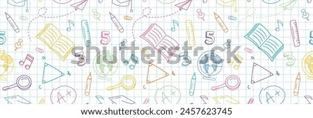 Image, Stock Photo Back to school background with school supplies on blackboard. Pencils, pens, cardboard, colorful background