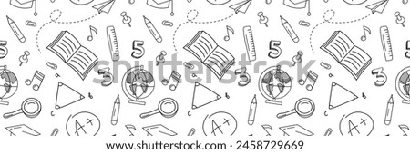 Back to school doodle seamless pattern. Hand drawn background with school supplies and creative elements. Back To School Background for advertising, banners, leaflets and flyers. Vector illustration.