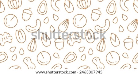 Nut seamless pattern with line icons. Vector background of dry nuts and seeds - almond, macadamia, cashew, hazelnut, peanut, pecan, walnut, pistachio, acorn. Food background.