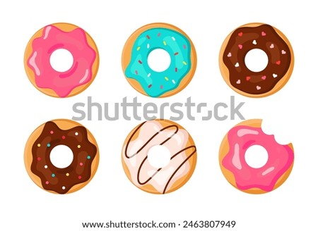 Sweet doughnuts. Cartoon donuts with different toppings, doughnut pastry dessert food set. Top view delicious sweet desserts donut with chocolate glaze and sprinkles. Donuts glazed dessert collection.