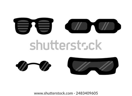 Glasses Set. Tishades, Rectangles, Wayfarers, sky googles. Various shapes glasses set. Black sunscreen glasses with glare. Vector flat illustrations