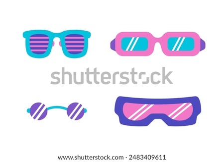 Retro Glasses set. Funny retro eyeglasses with different color and shape. Tishades, Rectangles, Wayfarers, sky googles. Party glasses in 60s-70s style. Vector isolated illustrations