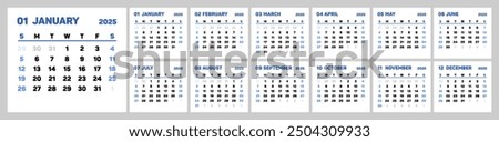 Calendar 2025 - Simple Layout Illustration. Week starts on Sunday. Calendar Set for 2025 year. Planner diary in minimalist style. Corporate and business calendar. 2025 calendar in minimal style