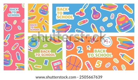 Back to school sale set of web banners. Different sizes school posters children style. Vertical, Horizontal, Square Posters. Hand drawn of school supplies and objects. Colorful school backgrounds