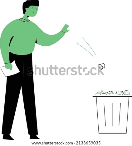 Simple flat design character throws away trash into the trash bin. Vector illustration isolated from background Stockfoto © 